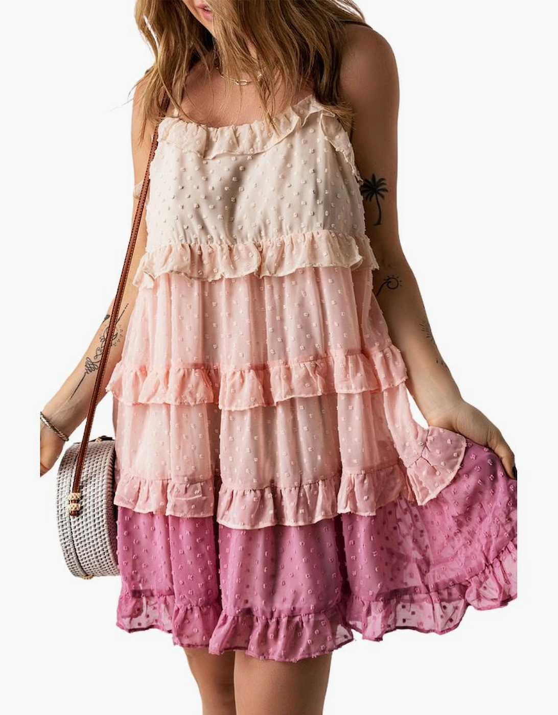 Pink Ombre Swiss Dot Ruffled Tiered Mini Dress