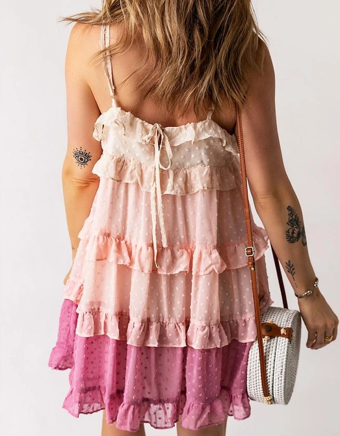 Pink Ombre Swiss Dot Ruffled Tiered Mini Dress