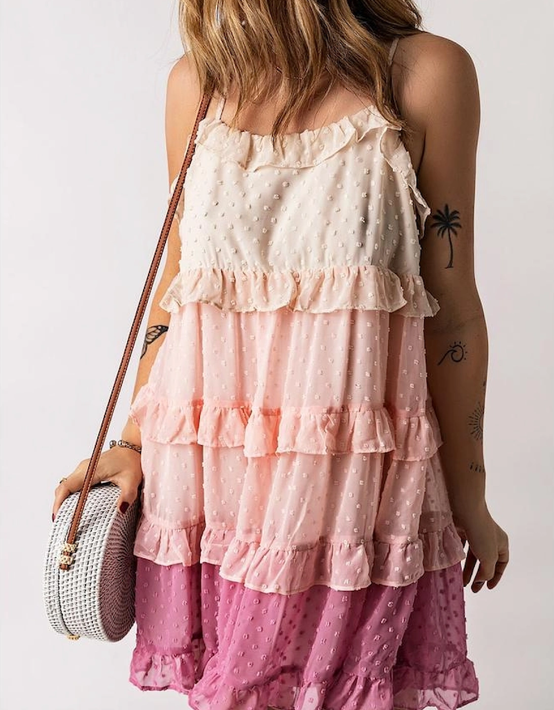Pink Ombre Swiss Dot Ruffled Tiered Mini Dress