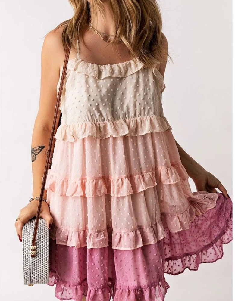Pink Ombre Swiss Dot Ruffled Tiered Mini Dress