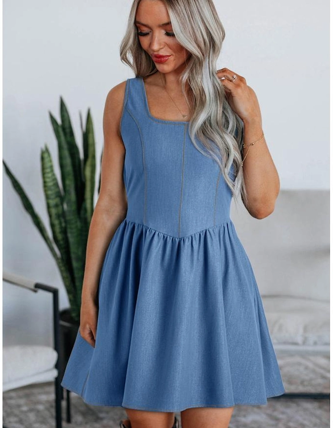 Myosotis Square Neck Pleated Waist V Cut Backless Tied Fit and Flare Dress, 10 of 9