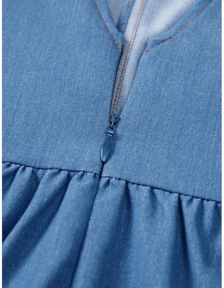 Myosotis Square Neck Pleated Waist V Cut Backless Tied Fit and Flare Dress