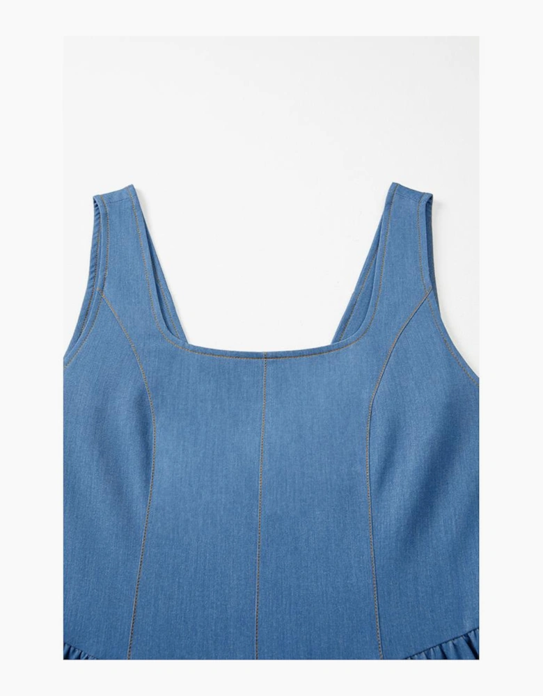 Myosotis Square Neck Pleated Waist V Cut Backless Tied Fit and Flare Dress