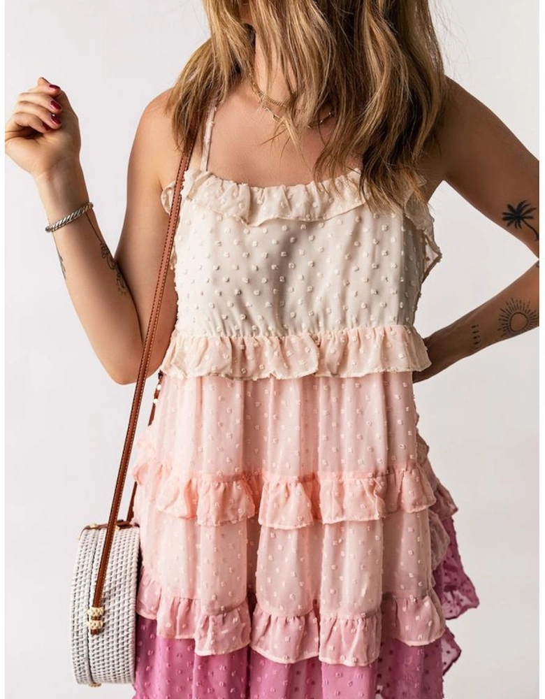 Pink Ombre Swiss Dot Ruffled Tiered Mini Dress