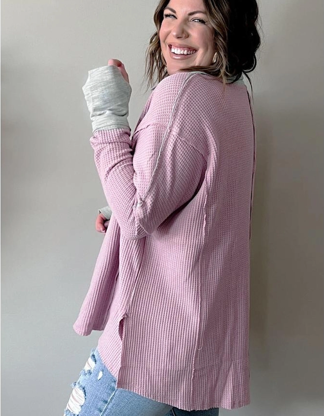Pink Plus Size Exposed Seam Waffle Knit Top