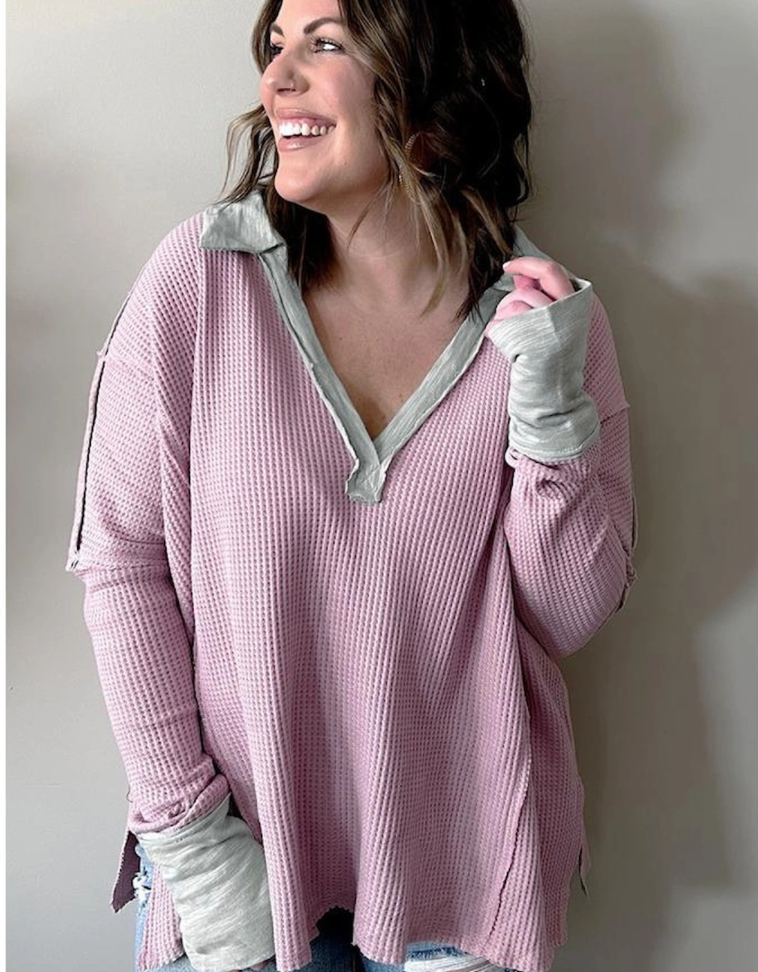 Pink Plus Size Exposed Seam Waffle Knit Top