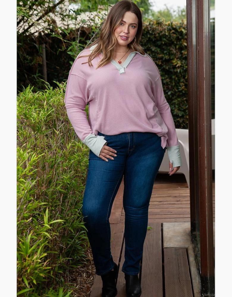 Pink Plus Size Exposed Seam Waffle Knit Top