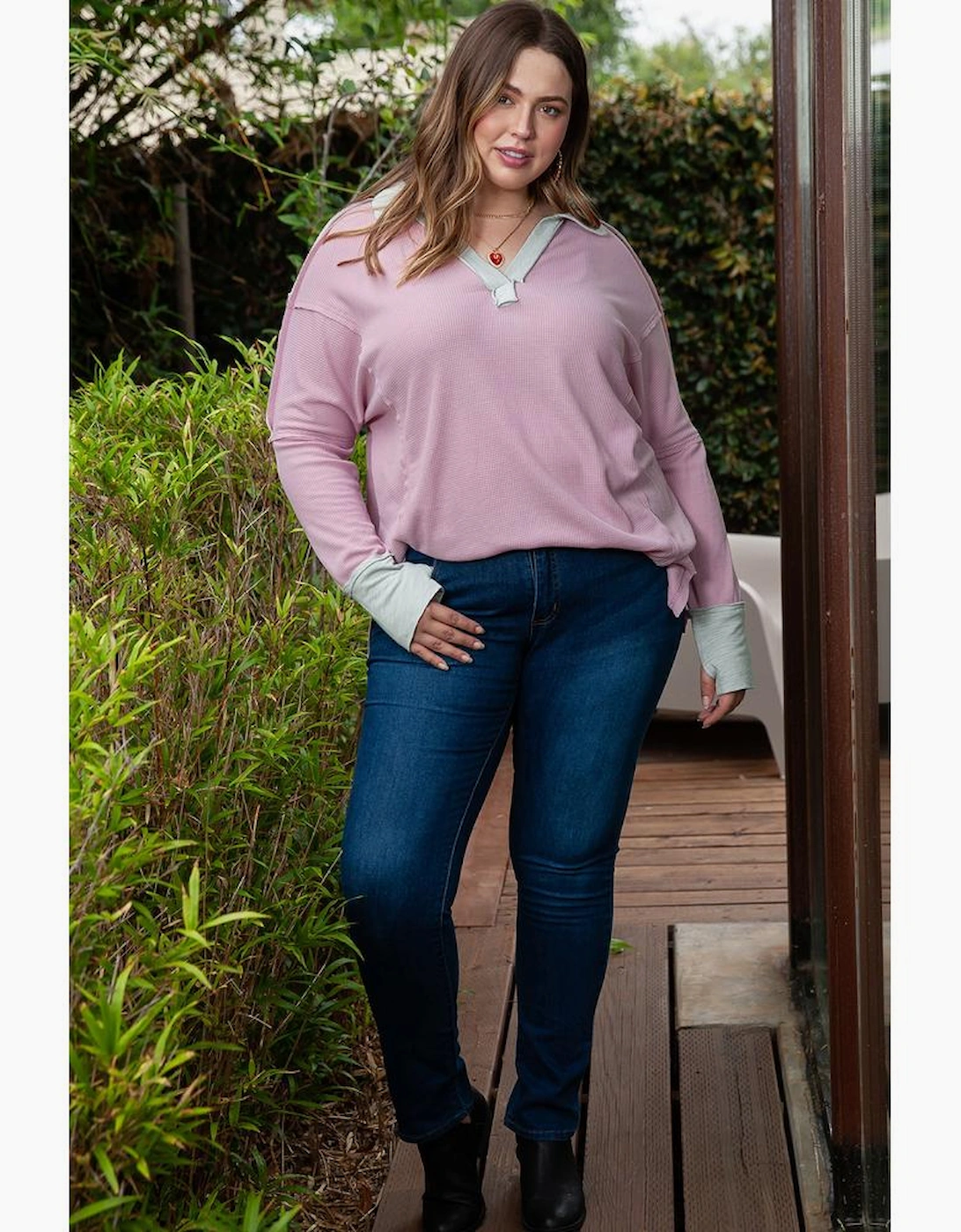 Pink Plus Size Exposed Seam Waffle Knit Top