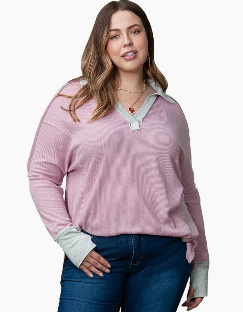 Pink Plus Size Exposed Seam Waffle Knit Top