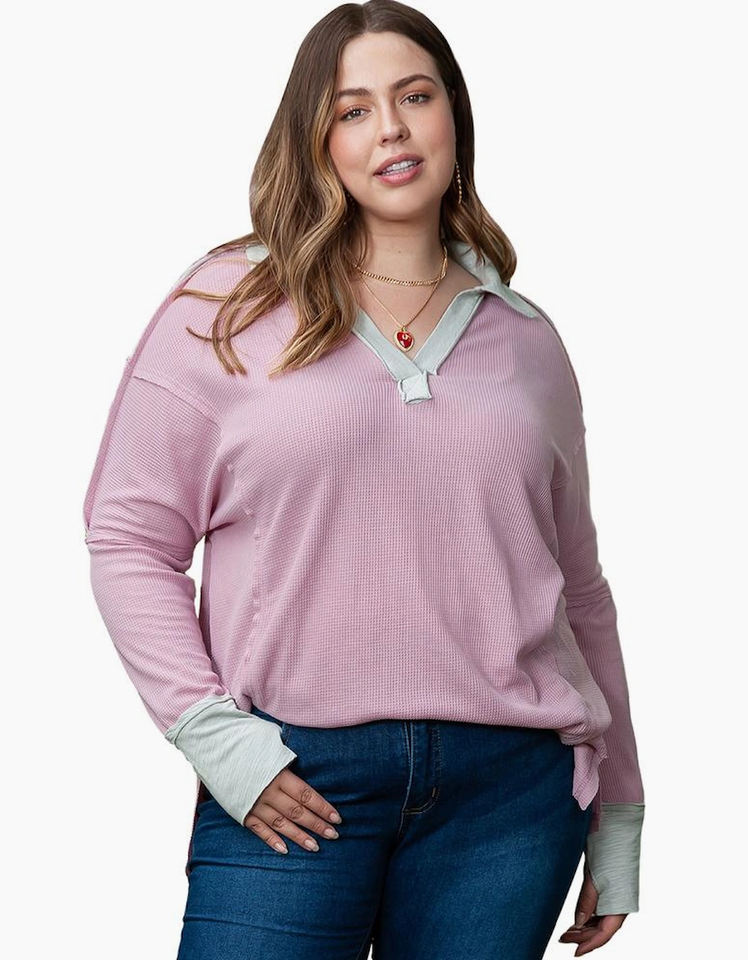 Pink Plus Size Exposed Seam Waffle Knit Top