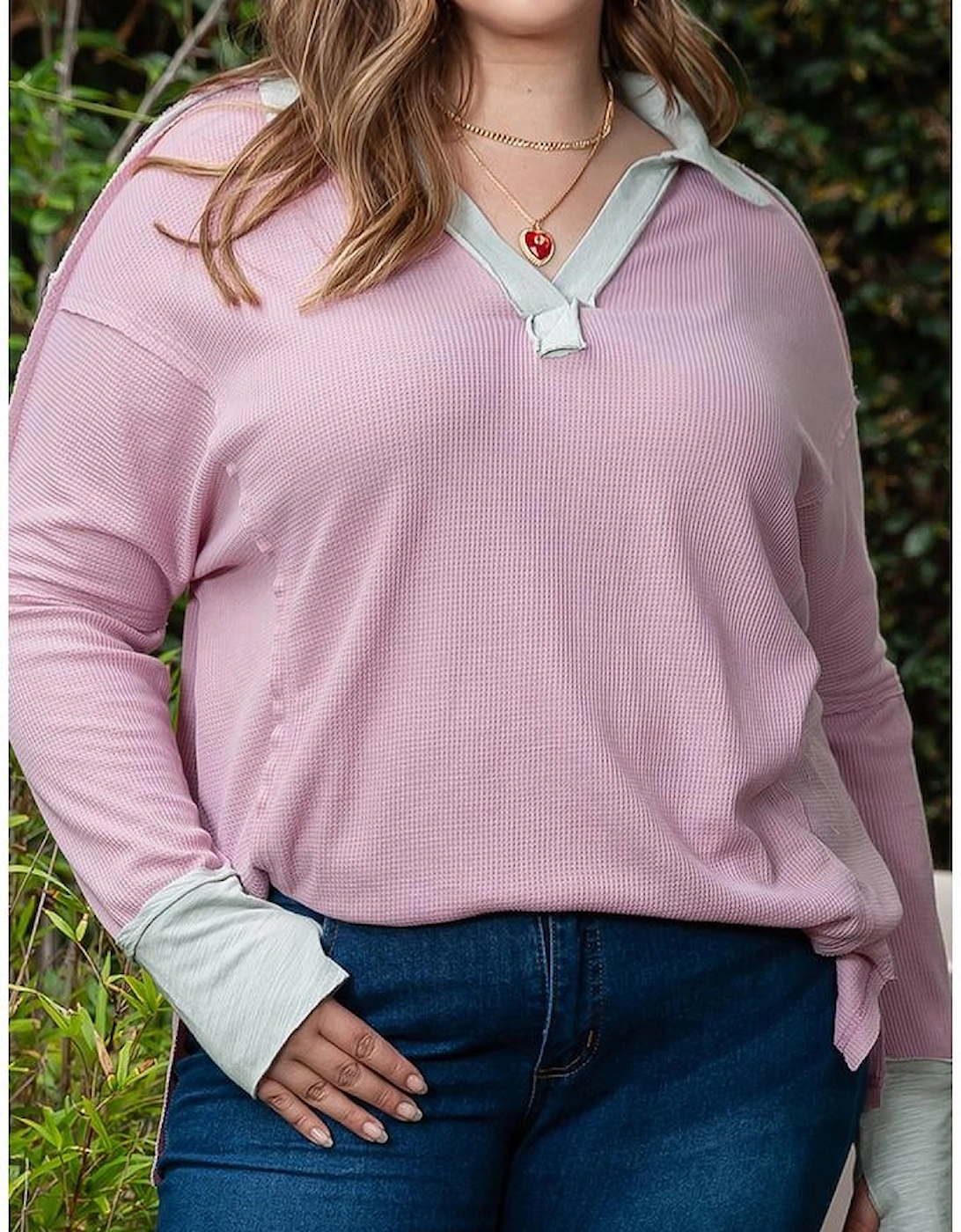Pink Plus Size Exposed Seam Waffle Knit Top