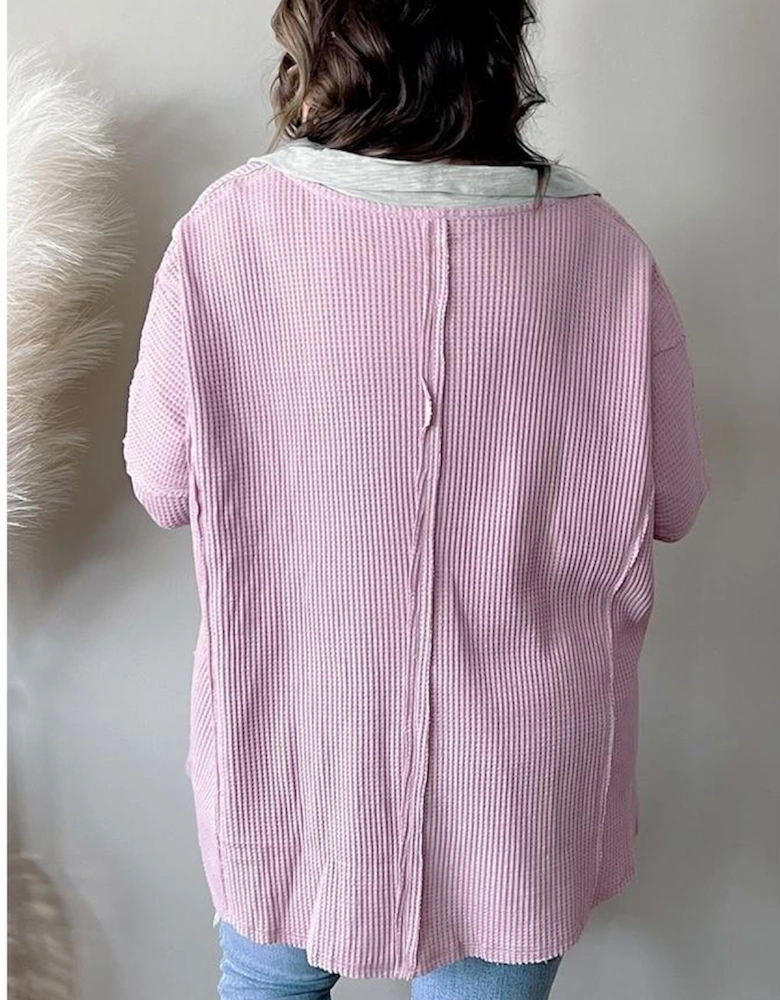 Pink Plus Size Exposed Seam Waffle Knit Top