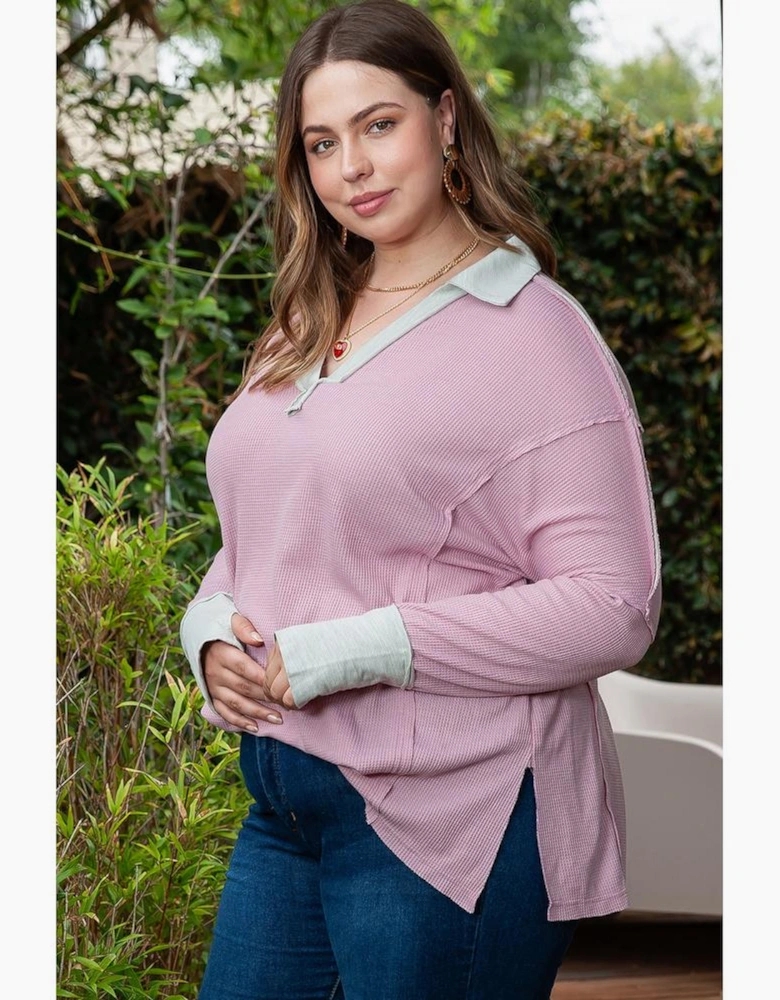 Pink Plus Size Exposed Seam Waffle Knit Top