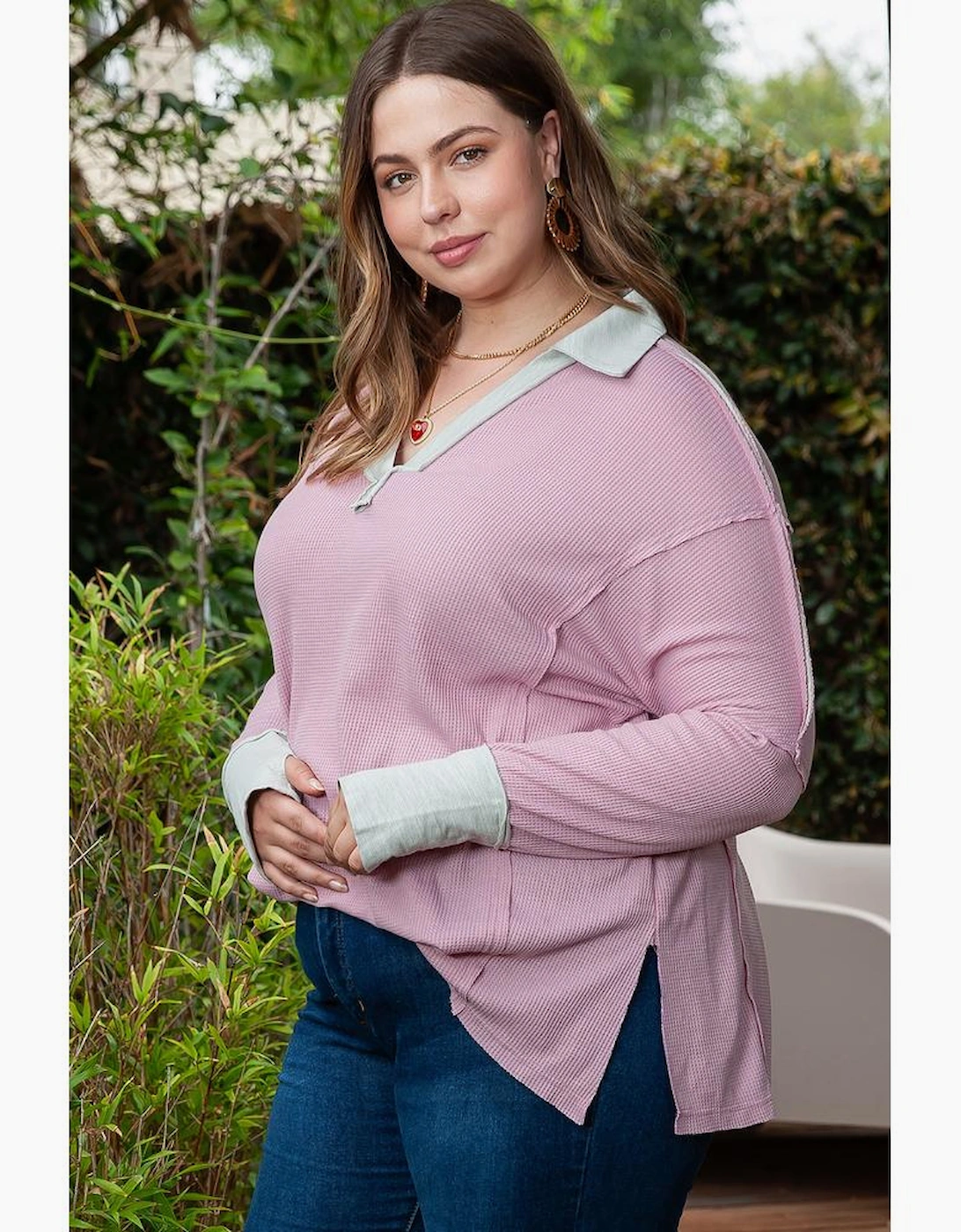 Pink Plus Size Exposed Seam Waffle Knit Top