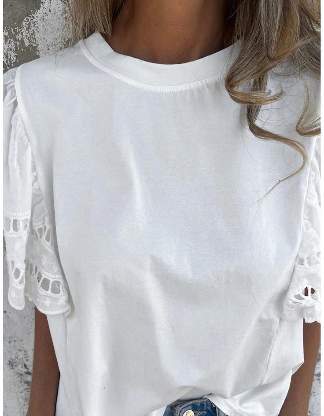 White Hollow Out Embroidered Short Sleeve O Neck Top