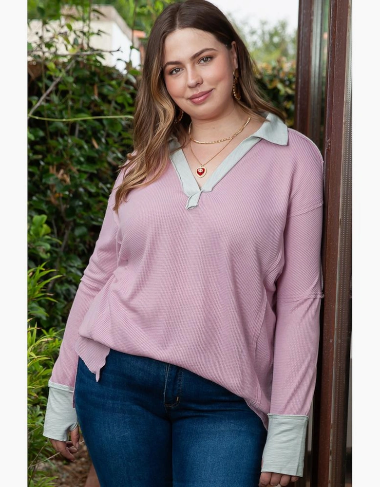 Pink Plus Size Exposed Seam Waffle Knit Top