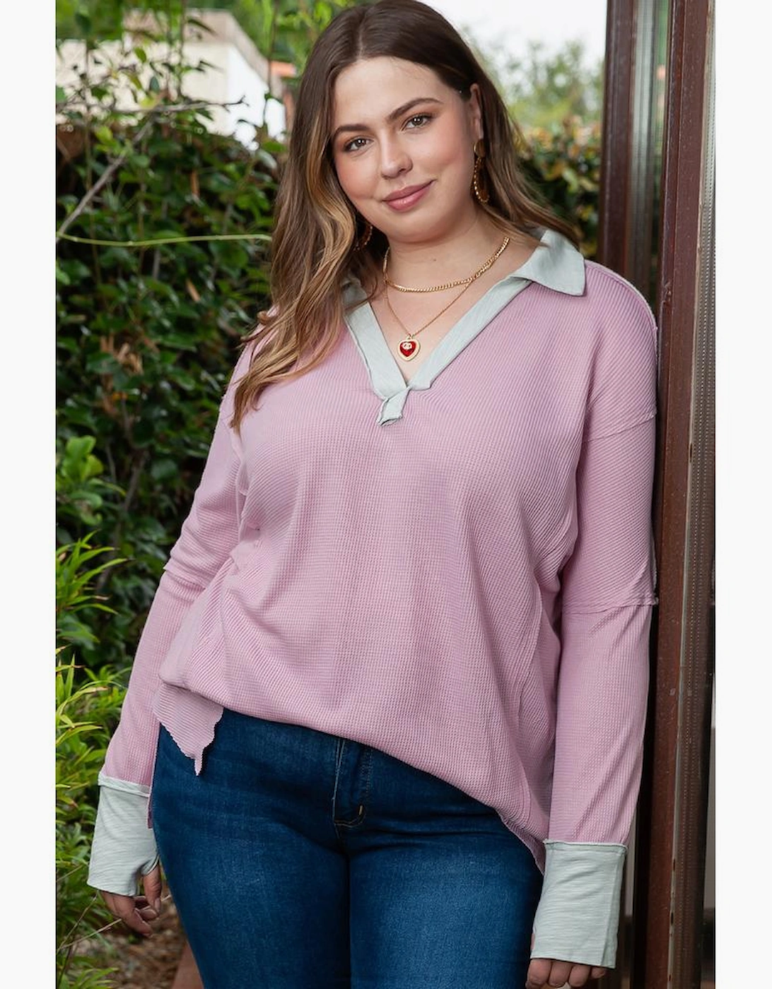 Pink Plus Size Exposed Seam Waffle Knit Top