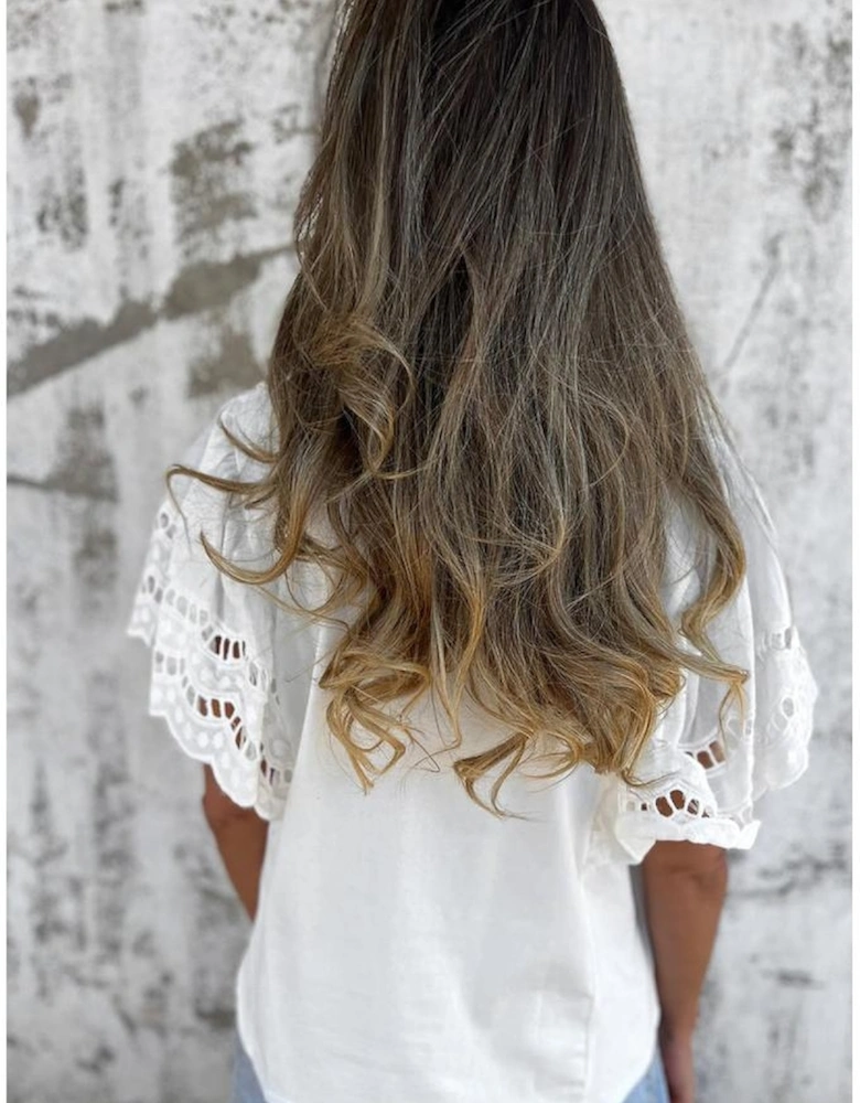 White Hollow Out Embroidered Short Sleeve O Neck Top