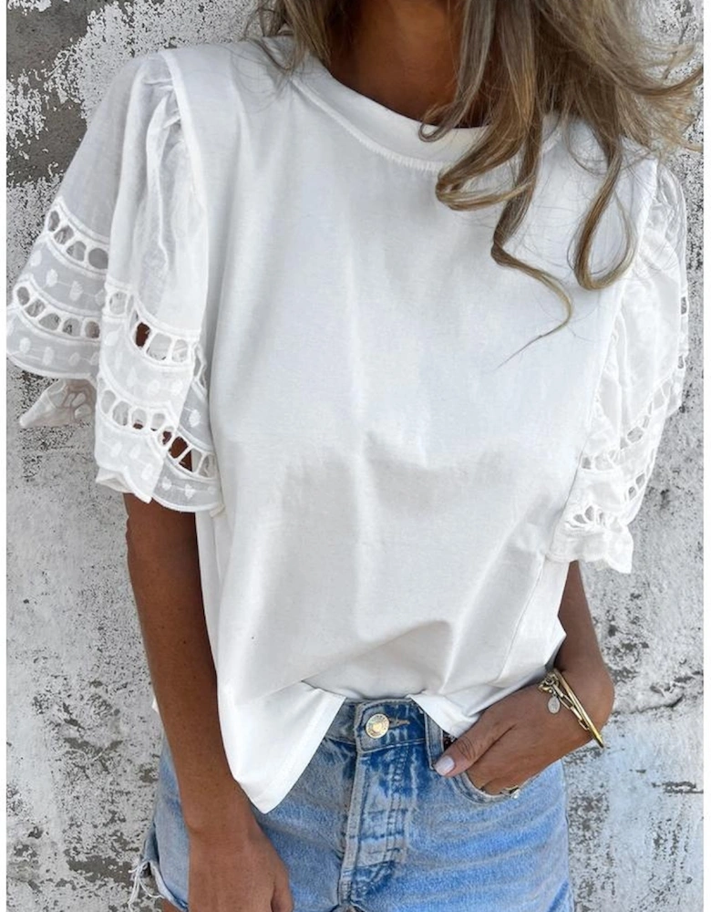 White Hollow Out Embroidered Short Sleeve O Neck Top