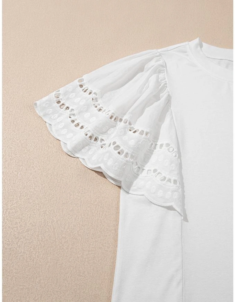 White Hollow Out Embroidered Short Sleeve O Neck Top