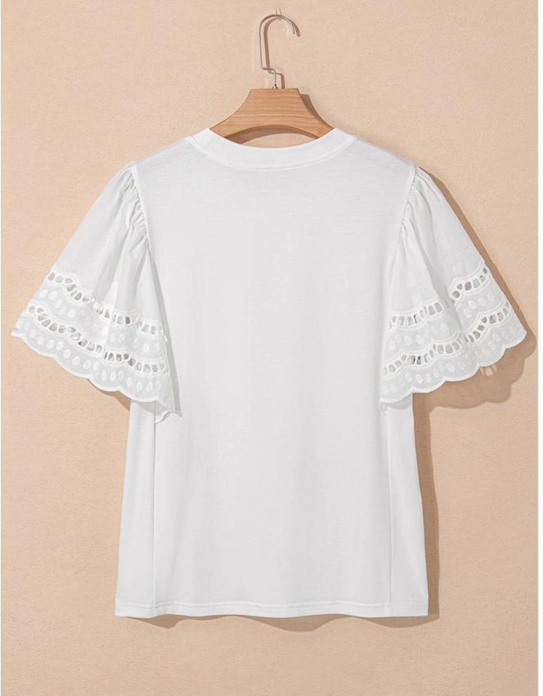 White Hollow Out Embroidered Short Sleeve O Neck Top