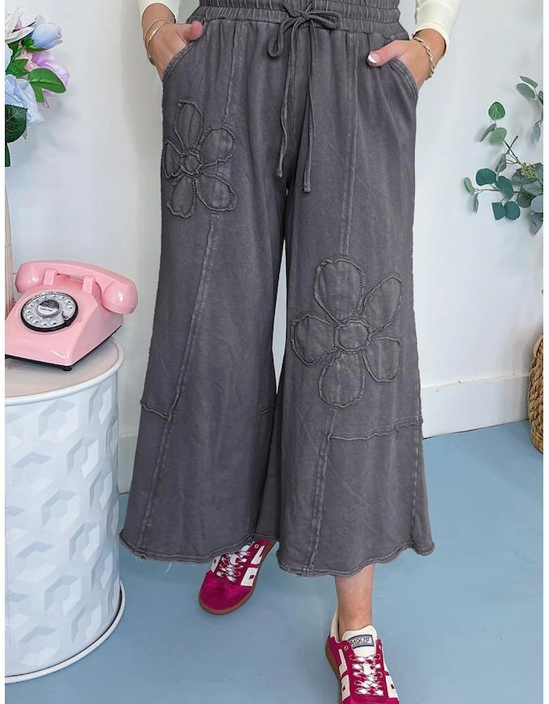 Light Grey Flower Patch Mineral Washed Terry Knit Cropped Wide Leg Pants