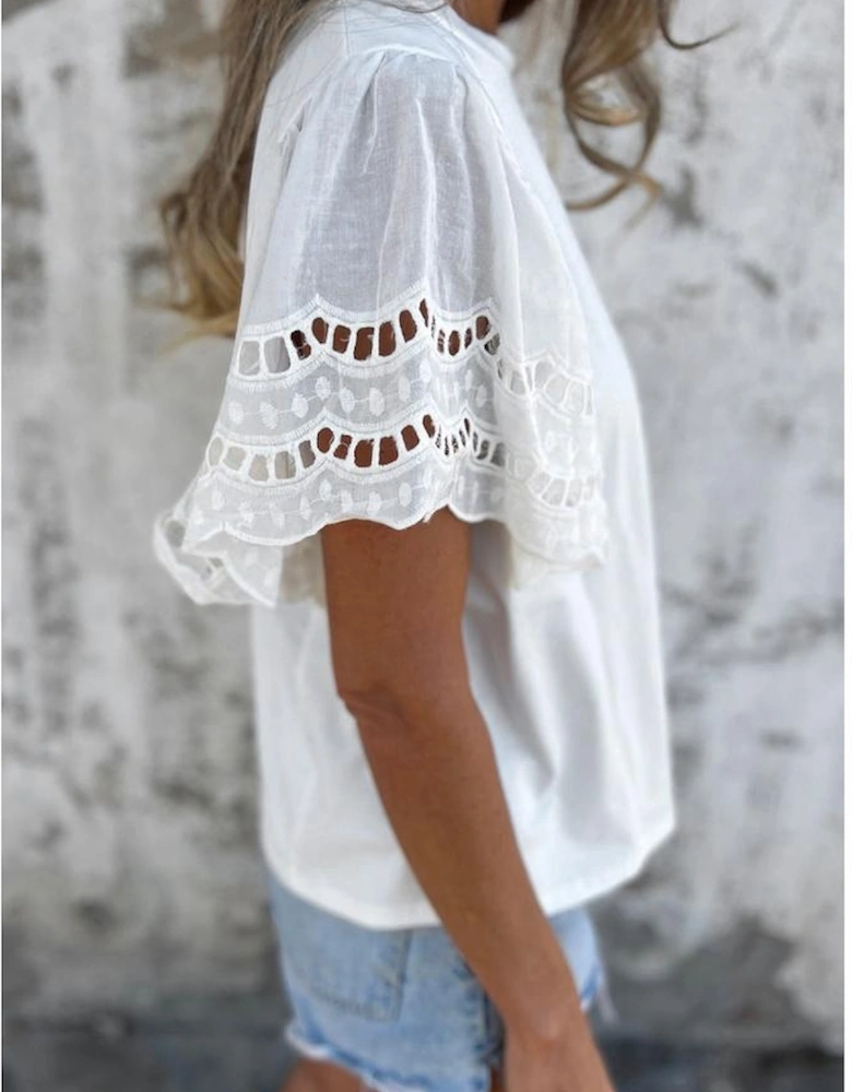 White Hollow Out Embroidered Short Sleeve O Neck Top