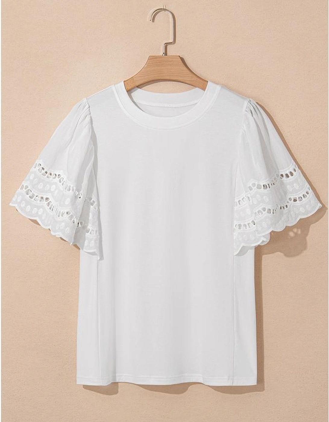 White Hollow Out Embroidered Short Sleeve O Neck Top