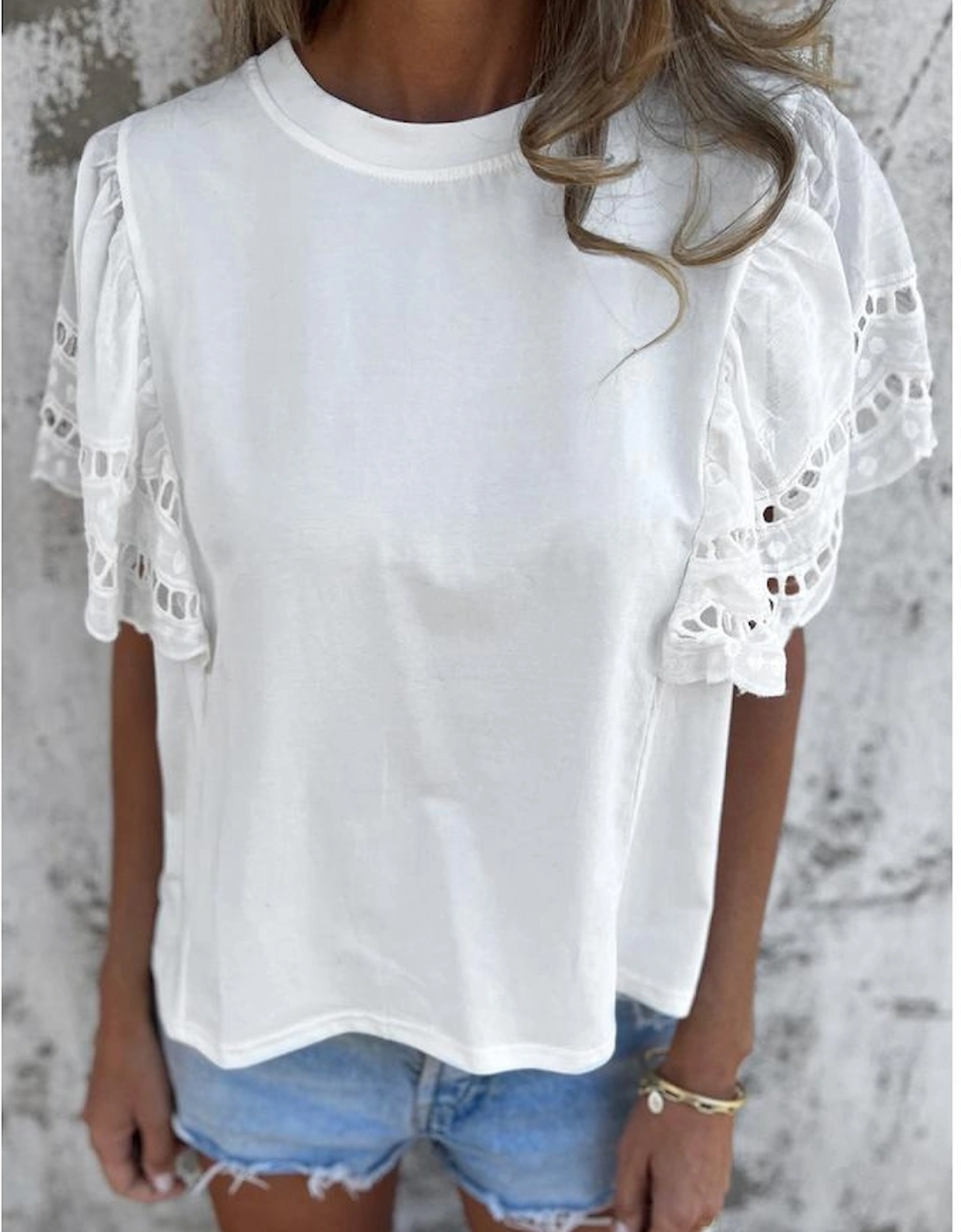 White Hollow Out Embroidered Short Sleeve O Neck Top