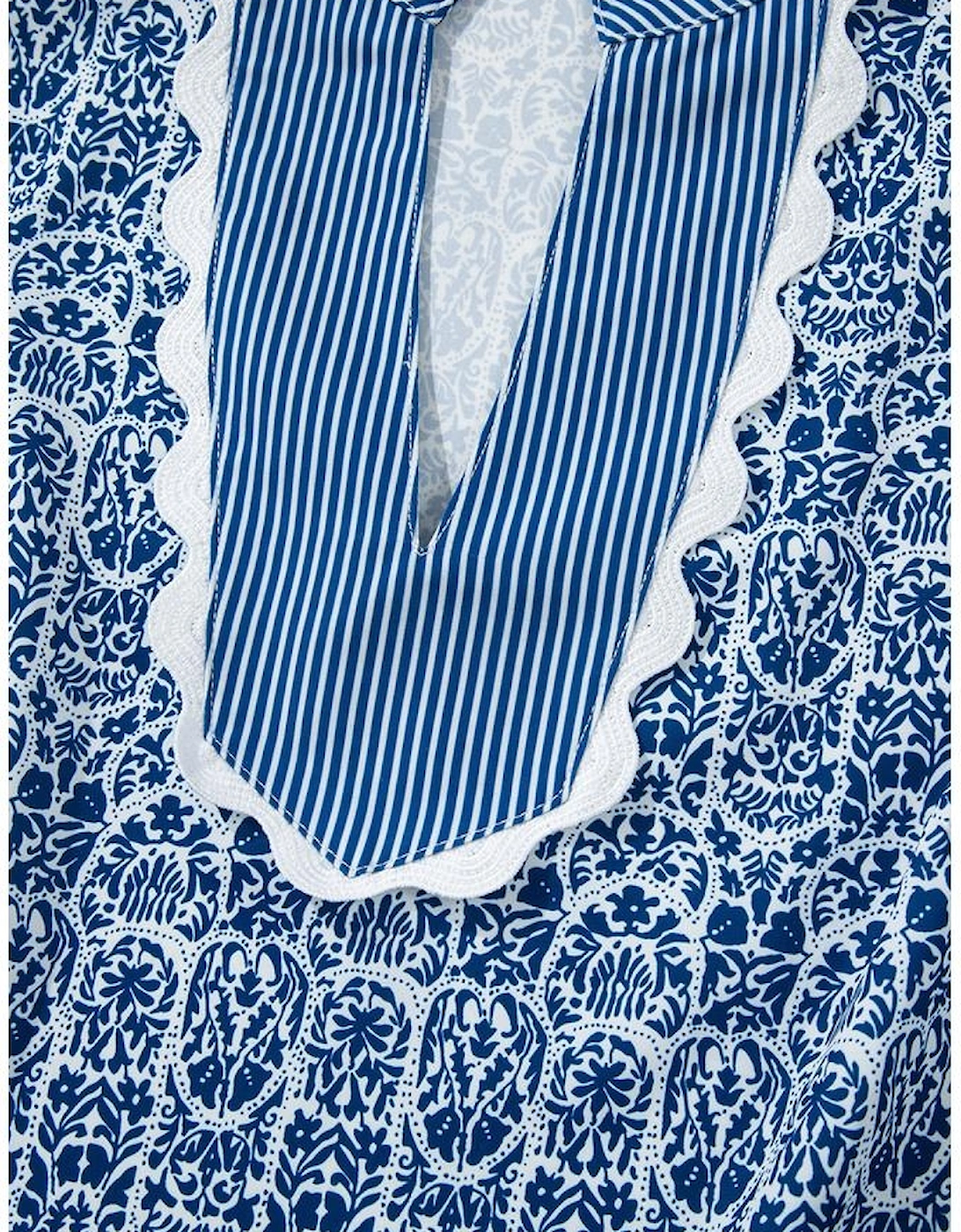 Blue Floral Striped Print Contrast Ric-rac Puff Sleeve Top