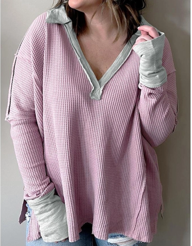 Pink Plus Size Exposed Seam Waffle Knit Top