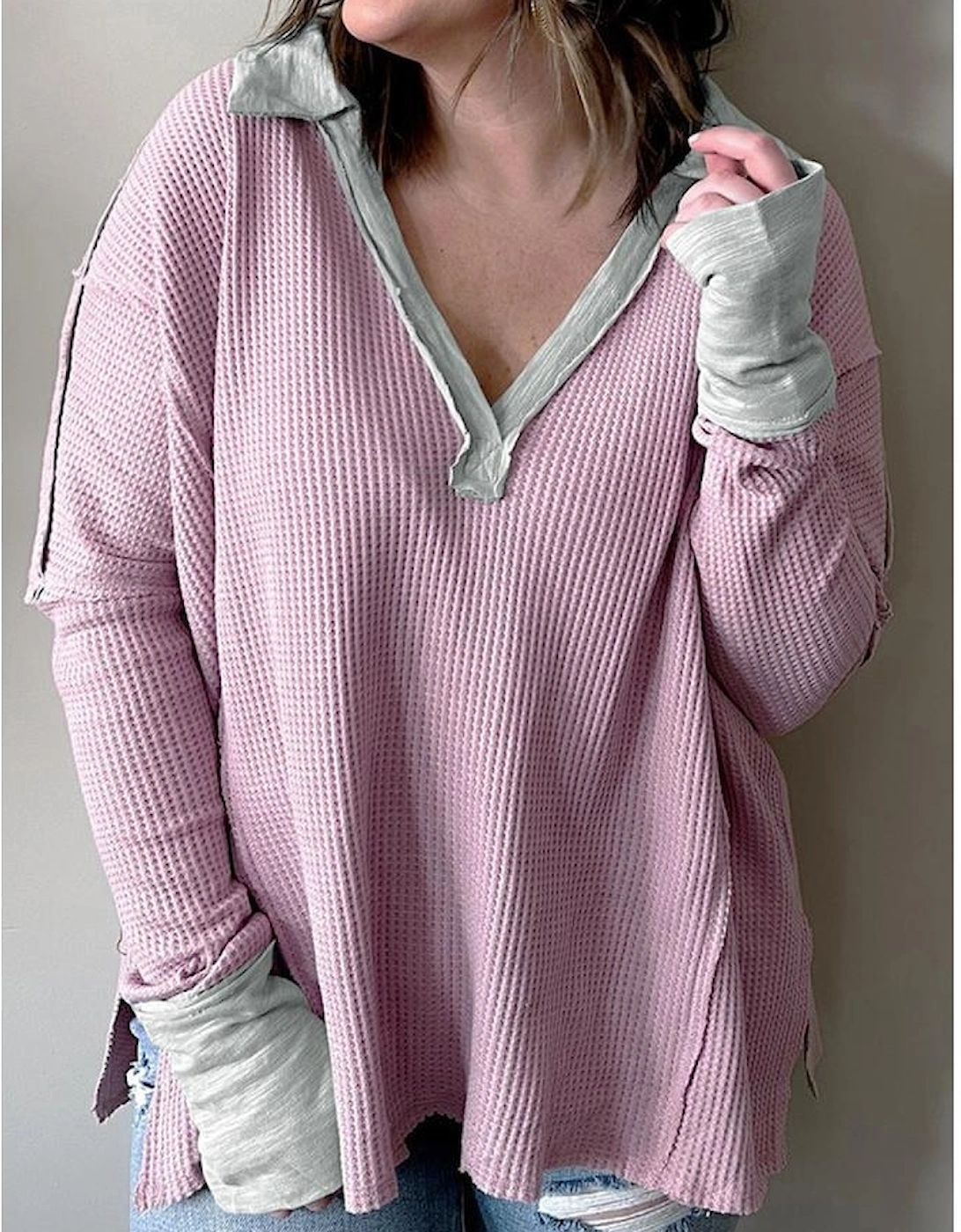 Pink Plus Size Exposed Seam Waffle Knit Top