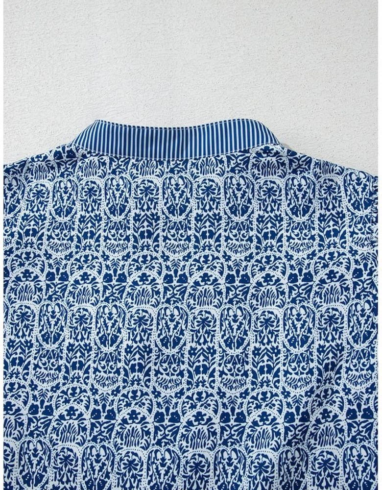 Blue Floral Striped Print Contrast Ric-rac Puff Sleeve Top