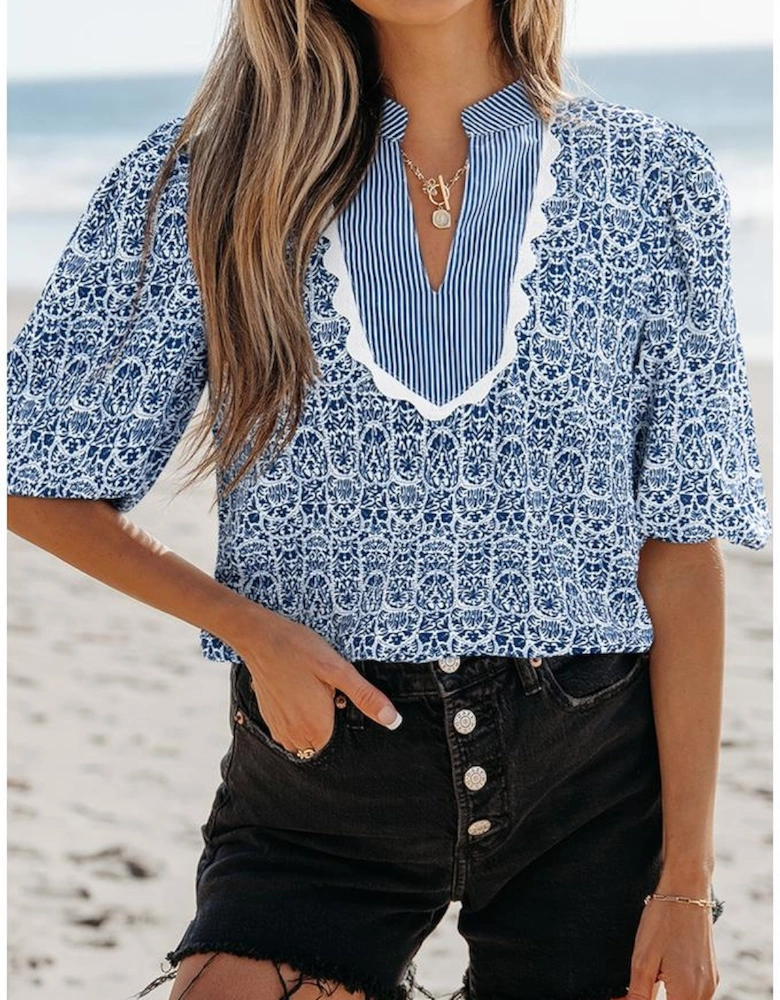 Blue Floral Striped Print Contrast Ric-rac Puff Sleeve Top