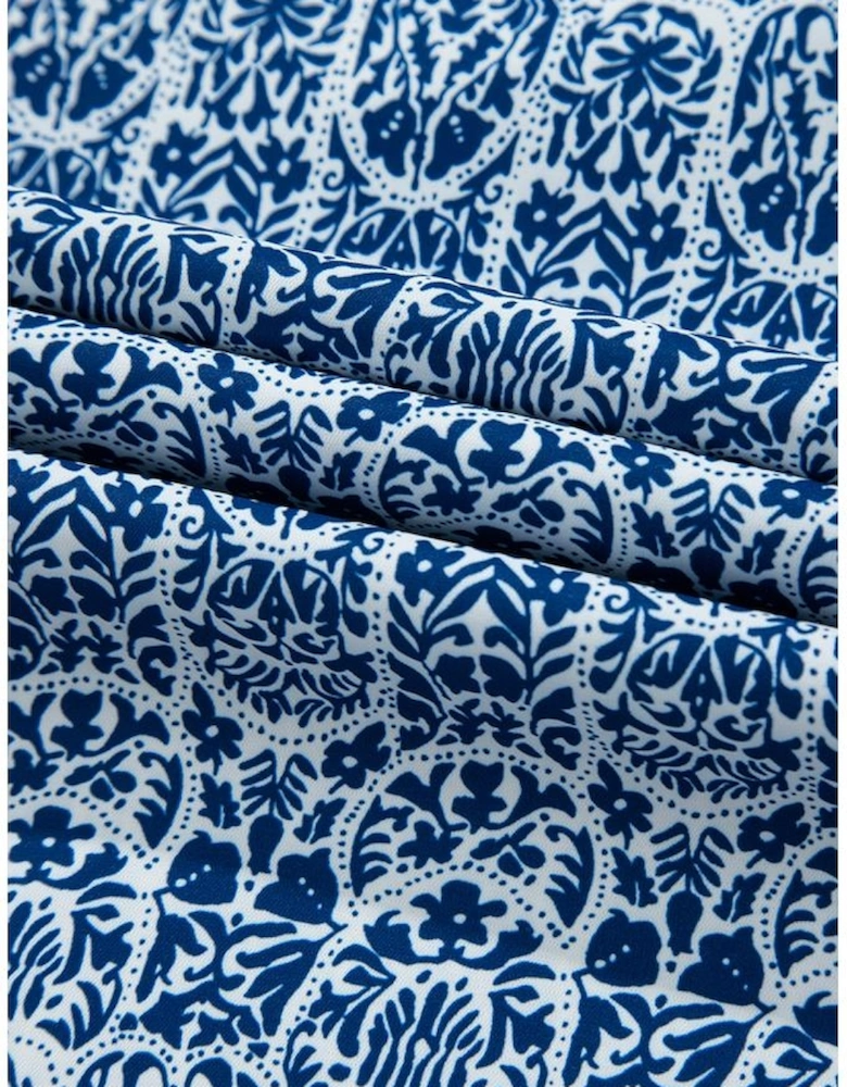 Blue Floral Striped Print Contrast Ric-rac Puff Sleeve Top