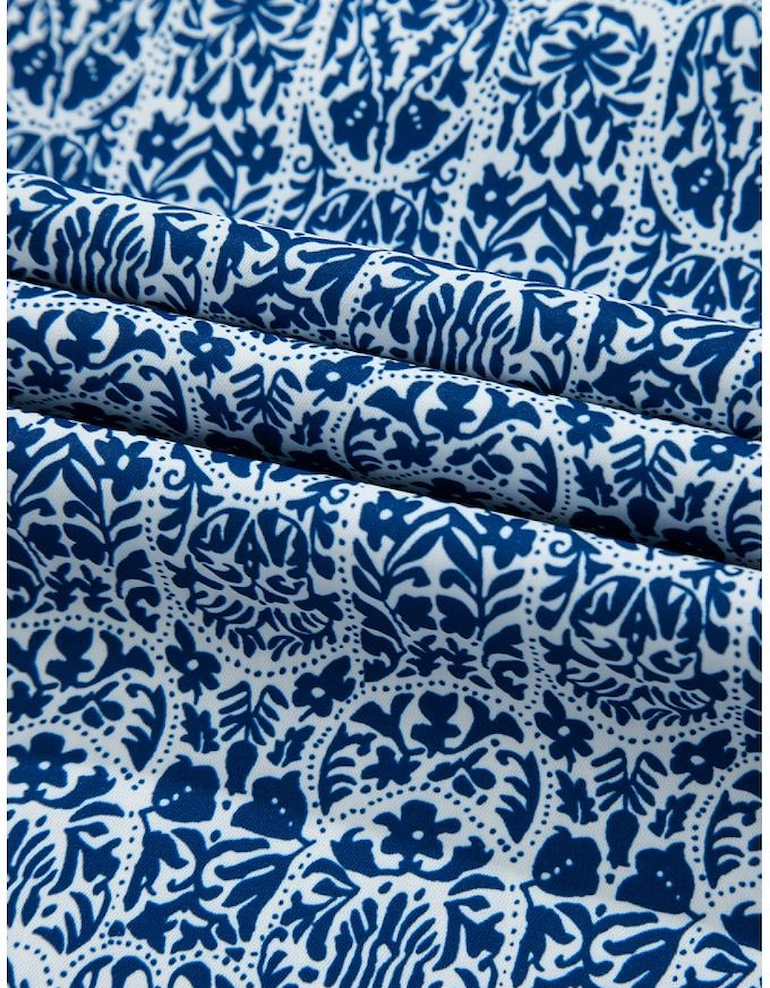 Blue Floral Striped Print Contrast Ric-rac Puff Sleeve Top