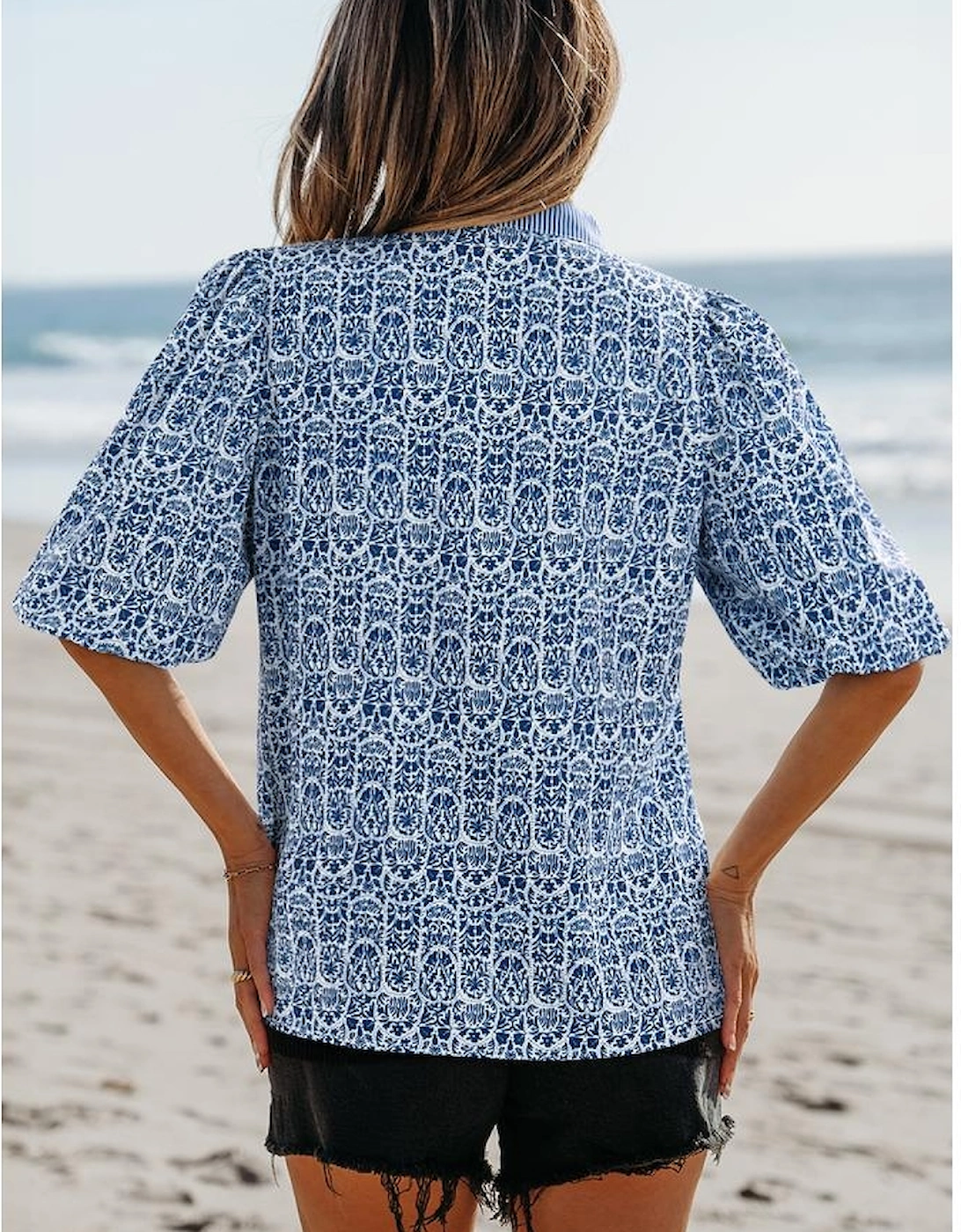 Blue Floral Striped Print Contrast Ric-rac Puff Sleeve Top
