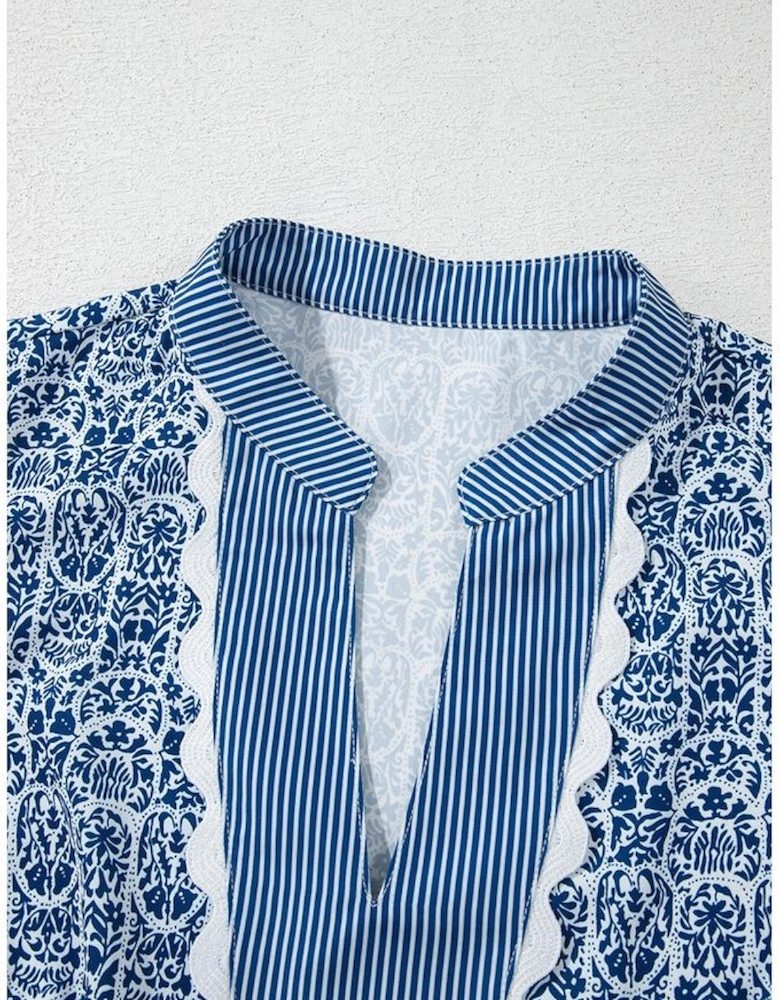 Blue Floral Striped Print Contrast Ric-rac Puff Sleeve Top