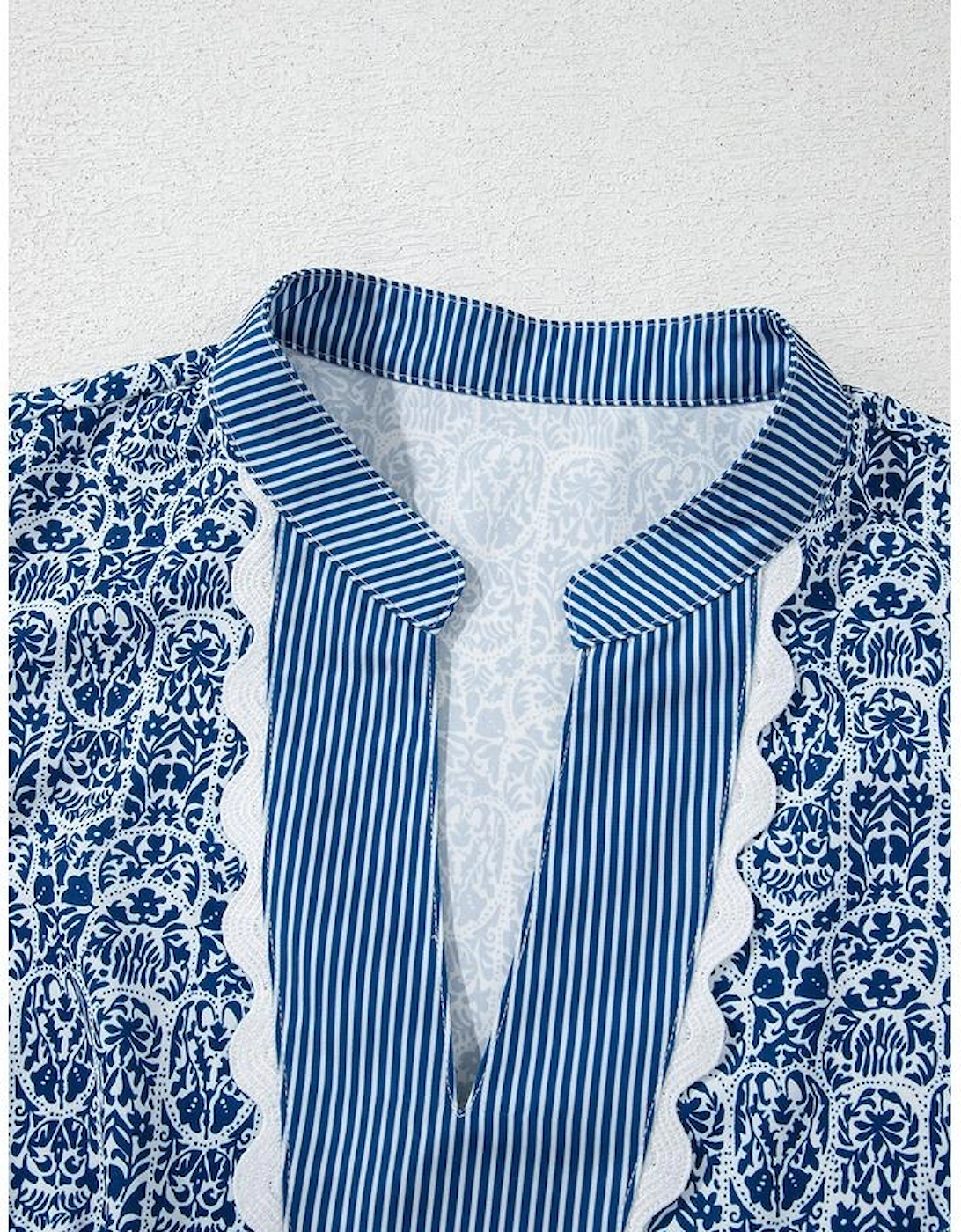 Blue Floral Striped Print Contrast Ric-rac Puff Sleeve Top, 12 of 11