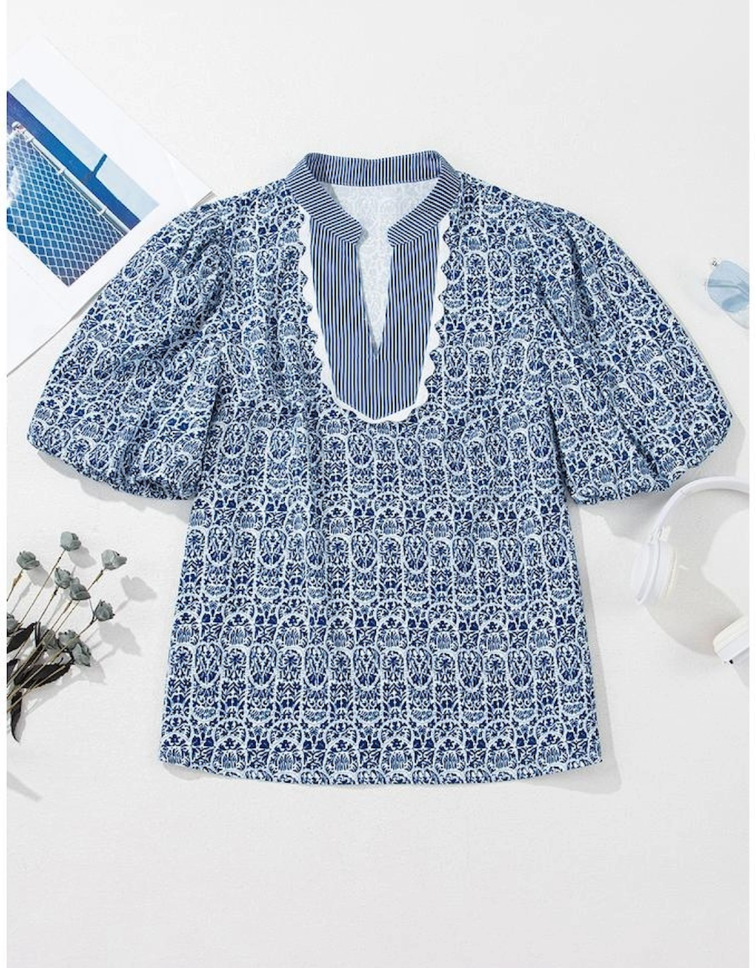 Blue Floral Striped Print Contrast Ric-rac Puff Sleeve Top