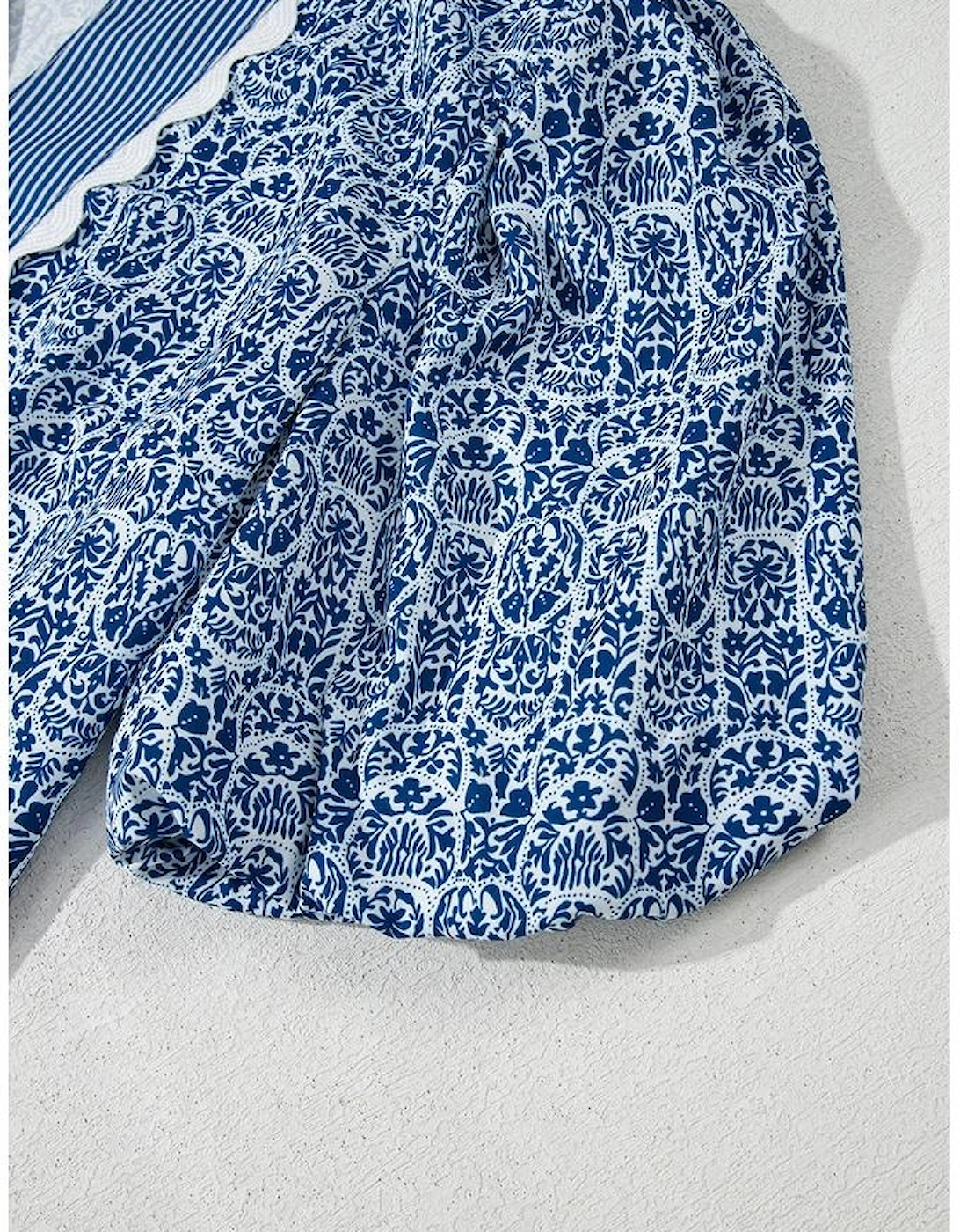 Blue Floral Striped Print Contrast Ric-rac Puff Sleeve Top