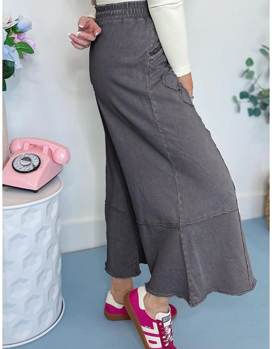 Light Grey Flower Patch Mineral Washed Terry Knit Cropped Wide Leg Pants, 4 of 3