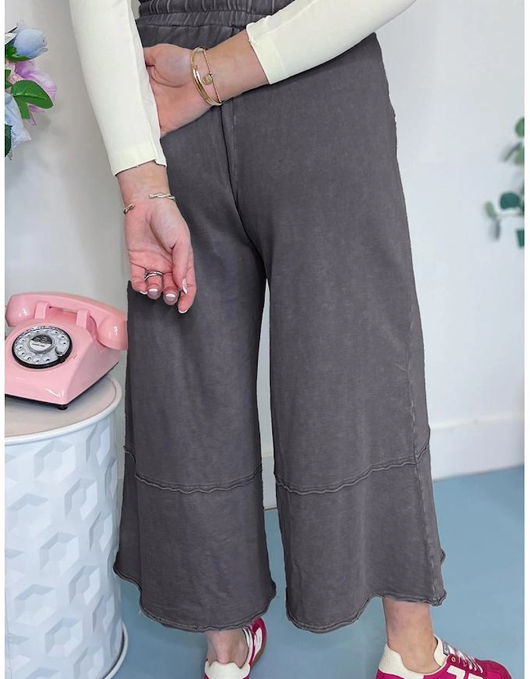 Light Grey Flower Patch Mineral Washed Terry Knit Cropped Wide Leg Pants