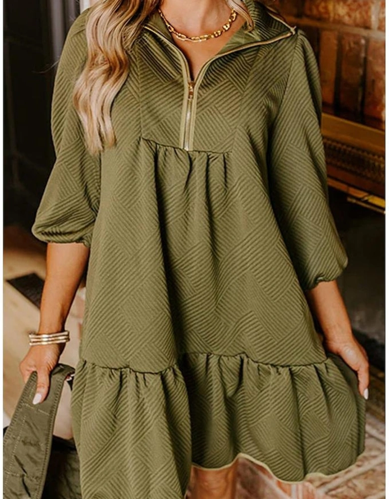 Jungle Green  Quarter Zip Collar Bracelet Sleeve Textured Mini Dress
