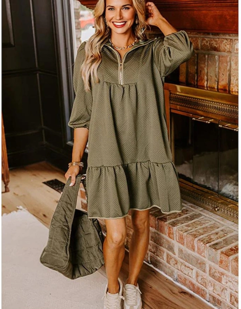 Jungle Green  Quarter Zip Collar Bracelet Sleeve Textured Mini Dress