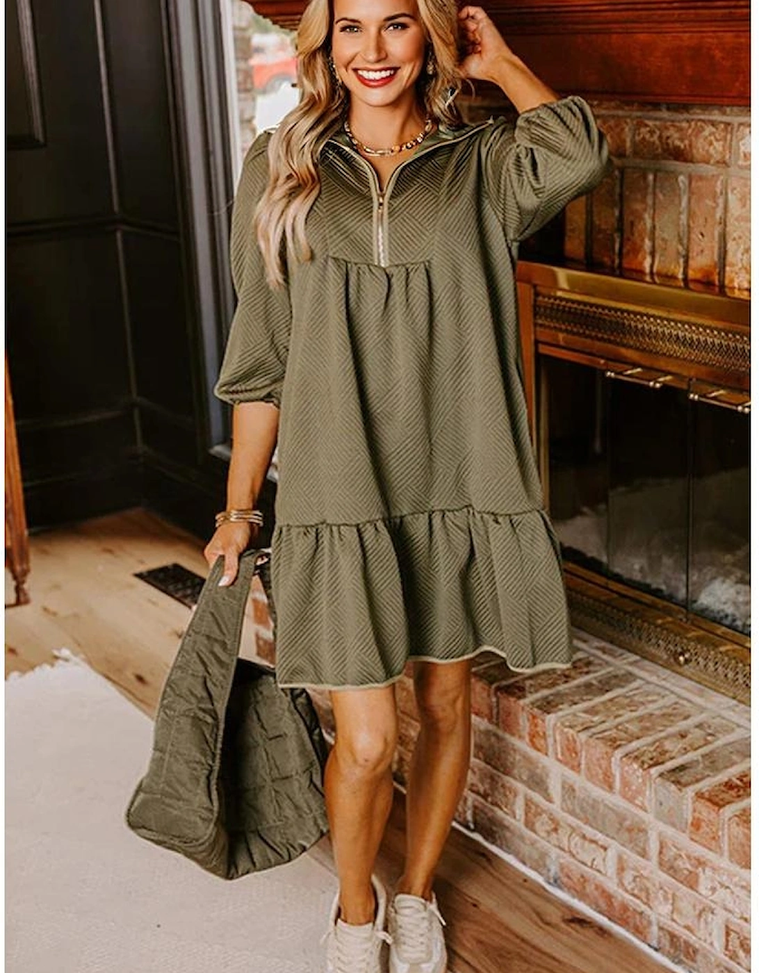 Jungle Green  Quarter Zip Collar Bracelet Sleeve Textured Mini Dress, 4 of 3