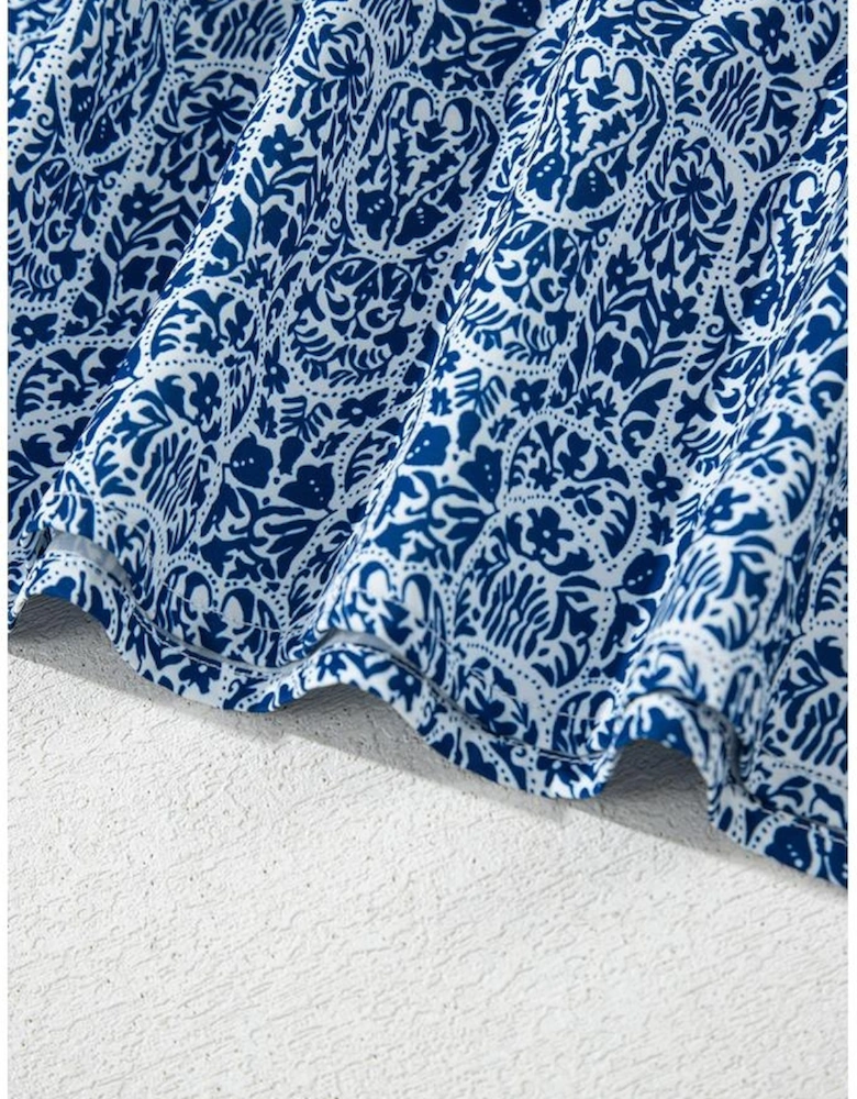 Blue Floral Striped Print Contrast Ric-rac Puff Sleeve Top