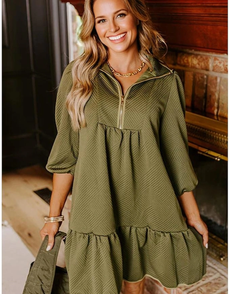 Jungle Green  Quarter Zip Collar Bracelet Sleeve Textured Mini Dress