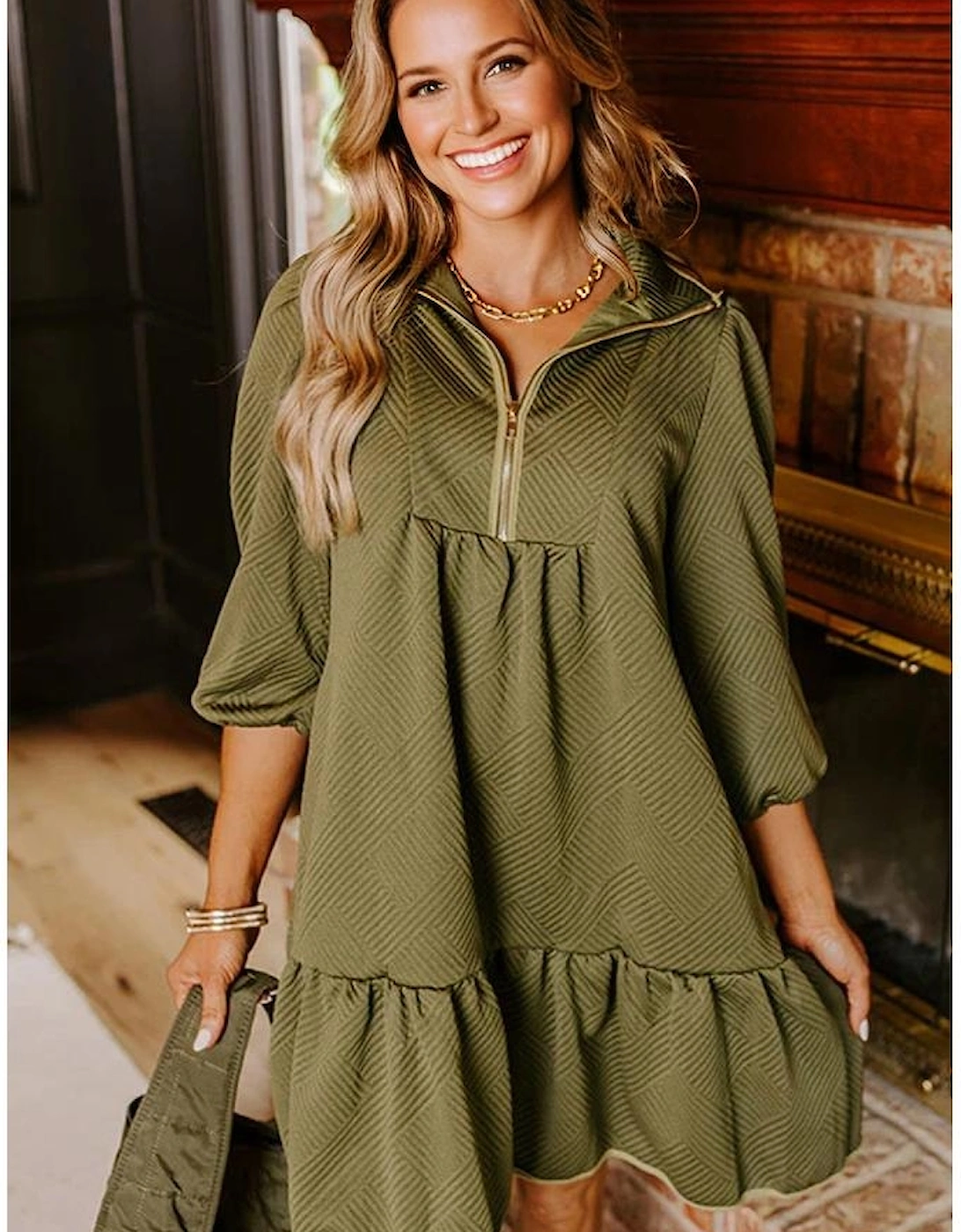 Jungle Green  Quarter Zip Collar Bracelet Sleeve Textured Mini Dress