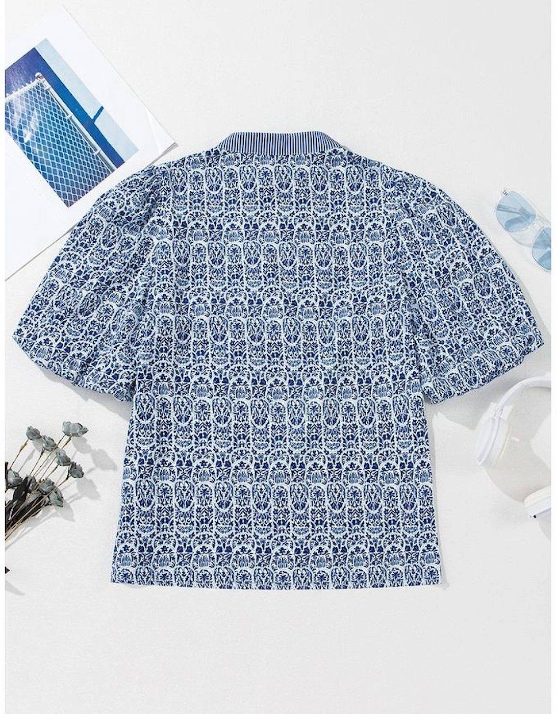 Blue Floral Striped Print Contrast Ric-rac Puff Sleeve Top